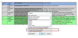 Trados Studio dialog box with language options, highlighting 'Do not check spelling or grammar' as a solution for disabling spell check in source text.
