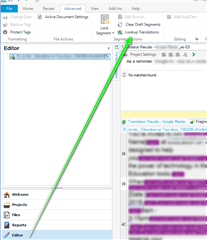 Screenshot of Trados Studio interface showing the Lookahead feature activated with a green arrow pointing to the 'Segment' menu where 'Lookahead' is selected.
