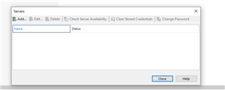 Trados Studio server settings window with empty server list, showing buttons for Add, Edit, Delete, Check Server Availability, Clear Stored Credentials, and Change Password.