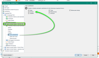 Trados Studio project settings window showing Language Pairs section with English to Arabic selected and Auto-Substitution option highlighted.