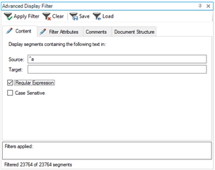 Trados Studio Advanced Display Filter window with Source Content filter set to 'a' using Regular Expression to display segments starting with 'a'.