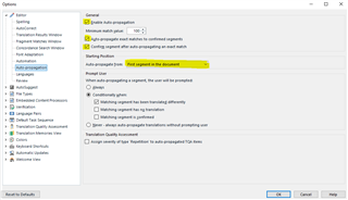 Trados Studio Options window highlighting Auto-propagate settings with 'First segment in the document' selected and other related options.