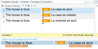 Trados Studio interface showing translation results with three different Spanish translations for 'The house is blue.' Each translation has a 99% match value.