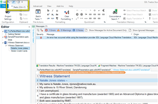 Trados Studio interface showing an error message in the Messages pane about a problem with the translation provider SDL Language Cloud Machine Translation.