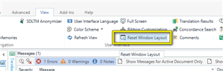 Trados Studio 'View' tab highlighting the 'Reset Window Layout' option, suggesting a solution to resolve interface layout issues.