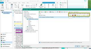 Trados Studio screenshot showing the Editor view with a project open. The Translation Memory and Automated Translation pane is highlighted, indicating a TM is ticked and active.