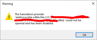 Warning message in Trados Studio stating 'The translation provider could not be opened and has been disabled.' with an exclamation mark icon.