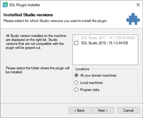Screenshot of SDL Plugin Installer window showing installed Studio versions. Only SDL Studio 2019 - 15.1.0.44109 is available for selection, others are grayed out. Options to select installation folder are shown below.