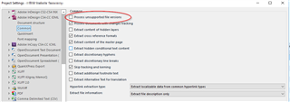 Trados Studio File Type settings for Adobe InDesign IDML with 'Process unsupported file versions' option checked.