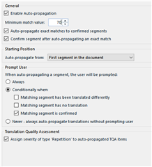 SDL Trados Studio 2019 Freelance auto-propagation settings window showing the minimum match value set to 70%.