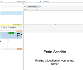 Trados Studio screenshot showing the Editor interface with a PowerPoint preview pane. The segment 'Erste Schritte' is selected with the English translation 'Finding a location for your photo printer' displayed below.