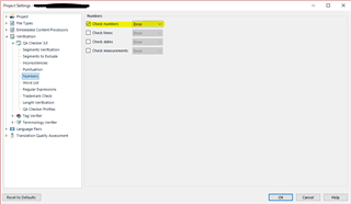 Trados Studio project settings window with 'Numbers' verification option set to 'Error'.