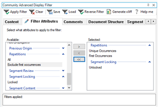 Screenshot of Community Advanced Display Filter window in Trados Studio with options like Repetitions, Unique Occurrences, and Segment Locking selected for filtering.