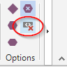 Trados Studio screenshot showing the 'Options' button in the 'View' ribbon with a red circle highlighting the formatting tags option turned off.