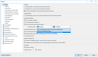 Trados Studio Options dialog box with 'Partial Tag Text' option set to 'on' and 'Formatting Display Style' dropdown showing 'Tag text with blue formatting'.