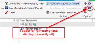 Screenshot of Trados Studio showing the toggle button for formatting tags with a green checkmark indicating it is currently off.