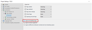 Trados Studio Project Settings window showing QA Checker options with 'Ignore formatting tags' checkbox highlighted.