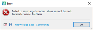 Error dialog box in Trados Studio with a red circle and white 'X'. The message reads 'Failed to save target content: Value cannot be null. Parameter name: fileName'. Buttons for 'Knowledge Base' and 'Community' are visible, along with an 'OK' button.
