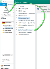 Trados Studio screenshot showing the Options menu with Keyboard Shortcuts highlighted, indicating the path to check or reset shortcuts.