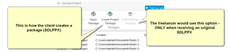 Screenshot showing Trados Studio interface with annotations explaining that a client creates a project file (SDLPPX) and a freelancer should only open the original SDLPPX for review.