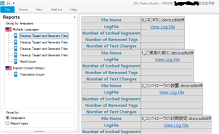Screenshot of Trados Studio report view with missing pre-translate report, displaying other report types such as Cleanup Target and Generate Files.