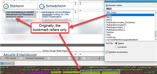 Screenshot showing Trados Studio interface with a red arrow pointing to a bookmark around a table cell, indicating it should only refer to that cell.