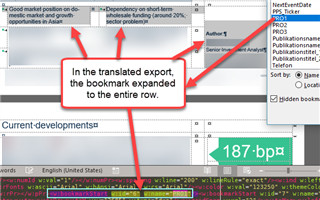 Screenshot of Trados Studio's exported document with a red arrow showing the bookmark now incorrectly includes the entire table row instead of the single cell.