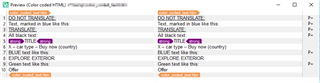 Trados Studio preview window showing color-coded HTML filtering, with yellow and aqua backgrounds and red text marked as non-translatable.