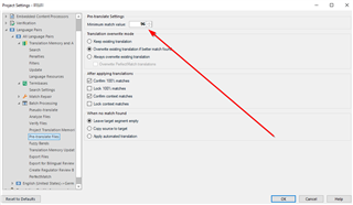 Trados Studio Project Settings window with Translation Memory and Automated Translation settings open, showing a red arrow pointing to the Minimum match value option.