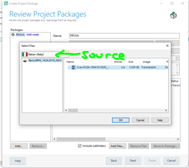Trados Studio Create Project Package window showing the Review Project Packages tab with a selected source file labeled 'Source' in the file list.