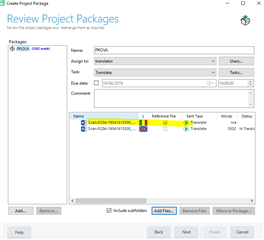 Trados Studio Create Project Package window with the Review tab active, displaying a project file added as a reference file, highlighted in yellow.