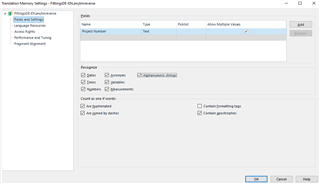 Screenshot of Trados Studio Translation Memory settings showing unchecked 'Numbers' option.