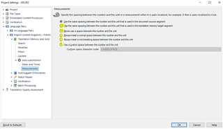 Screenshot of Trados Studio 'Auto-substitution' settings for measurements with options for spacing between numbers and units.