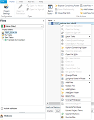 Screenshot of Trados Studio showing the source language view with a context menu open, displaying options such as Open File, Open File Externally, and Create Return Package.
