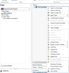 Screenshot of Trados Studio displaying the target language view with a context menu, including options like Open File, Open File Externally, and Generate Target Translations.