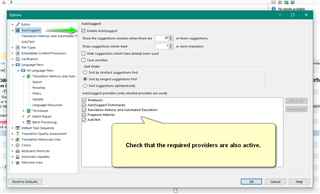 Trados Studio Options window showing AutoSuggest settings with a note to check that the required providers are also active.