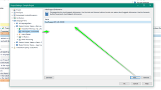 Trados Studio Project Settings window with AutoSuggest dictionaries section highlighted, indicating where to add dictionaries to the project.