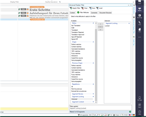 Trados Studio screen capture displaying a warning message in German, 'Erste Schritte mit Trados Studio', and the Advanced Display Filter with options such as 'Translated', 'Confirmed', and 'Rejected'.