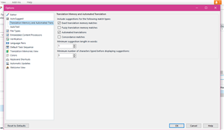 Trados Studio settings window for Translation Memory and Automated Translation with default settings.