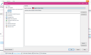 Trados Studio settings window for Language Pairs showing English (United States) with no autosuggest dictionaries installed.