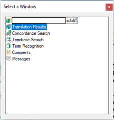 Screenshot of the 'Select a Window' dialog box in Trados Studio with a list of windows including Translation Results, Concordance Search, and others. No white square is visible.