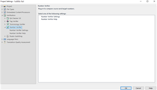 Trados Studio settings window showing Number Verifier plugin installed with options for source and target numbers.