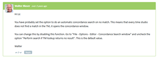 Screenshot of a forum post by Walter Blauer suggesting to disable the automatic concordance search function in Trados Studio options.