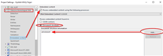 Trados Studio screenshot showing the 'Embedded content' settings with an arrow pointing to the 'Add...' button.