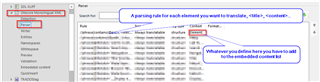 Screenshot of Trados Studio 'File Types' settings with a focus on 'Rule' section, highlighting the 'Element' rule type and 'content' element.