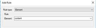 Close-up of 'Add Rule' dialog box in Trados Studio with 'Rule type' set to 'Element' and 'Element' dropdown showing 'content' selected.