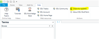 Screenshot of SDL MultiTerm with the Help tab open showing the 'Check for Updates' button highlighted.