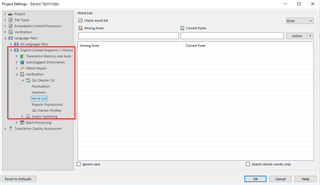 Screenshot of Trados Studio Project Settings - Quality Assurance window with the 'Word List' option under 'Verification Items' highlighted, indicating where to access word list settings.