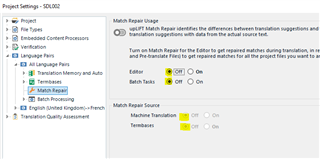 Trados Studio project settings menu highlighting Match Repair settings with the feature turned off.