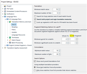 Trados Studio project settings menu showing Translation Memory and AutoSuggest settings with fragment recallrepair functionality turned off.